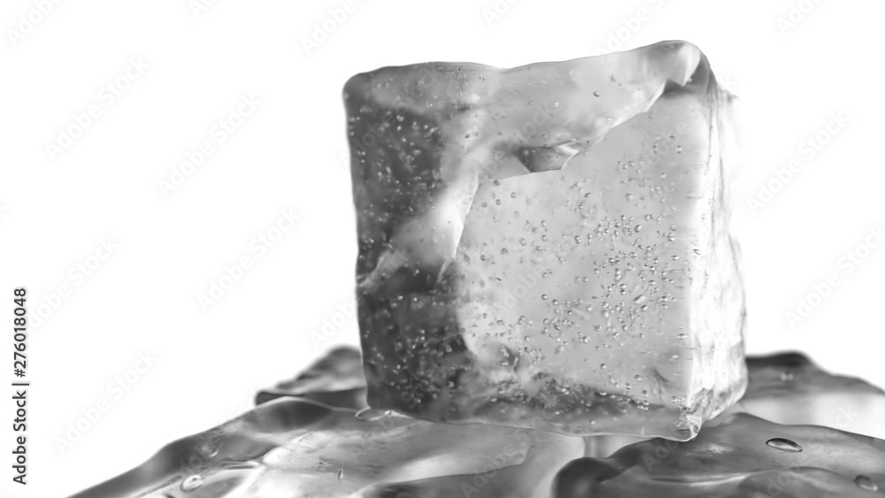 Poster looping rotation of ice cubes on a white isolated background with depth of field. 3d illustration