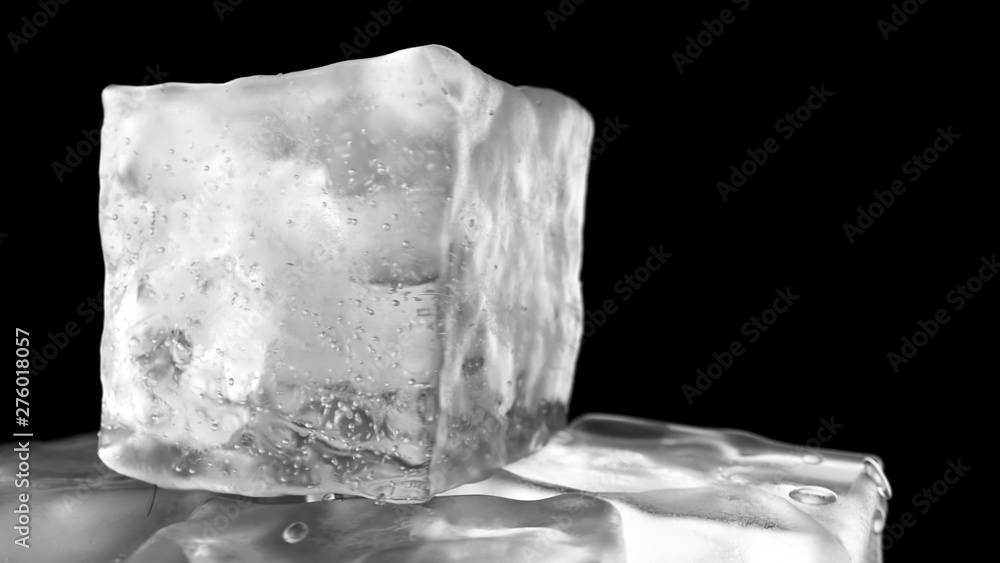 Poster looping rotation of ice cubes on a black isolated background with depth of field. 3d illustration