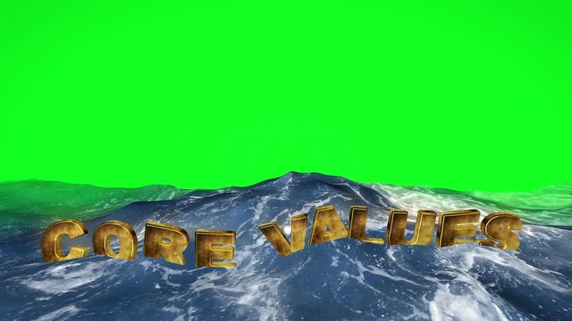 core values text floating in the water against green screen