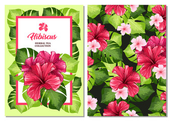 Tea Flyer or Leaflet Card with Hawaiian Hibiscus Red Fragrance Flower. Bright Green Leaves Vector Patterned Backdrop for Tea Packaging Print Design. Tropical Karkade or Bissap Herbal Tea