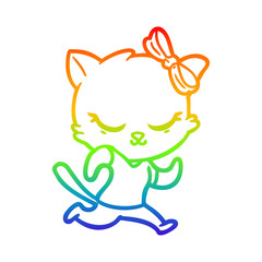 rainbow gradient line drawing cute cartoon cat with bow