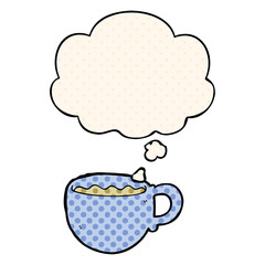 cartoon coffee cup and thought bubble in comic book style