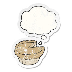 cartoon pie and thought bubble as a distressed worn sticker