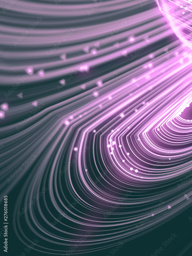Poster magic wavy rings with small beads on a dark background. depth of field. 3d rendering
