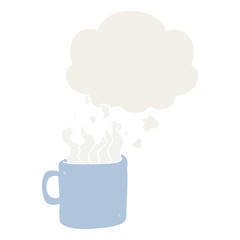 cartoon hot cup of coffee and thought bubble in retro style
