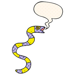 hissing cartoon snake and speech bubble in comic book style