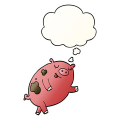 cartoon dancing pig and thought bubble in smooth gradient style