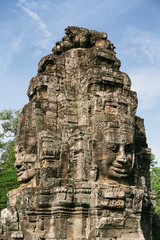 Close view of faces in the stone in Bayon Temple, Angkor Thom, Siem Reap in Cambodia.