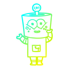 cold gradient line drawing happy cartoon robot waving hello