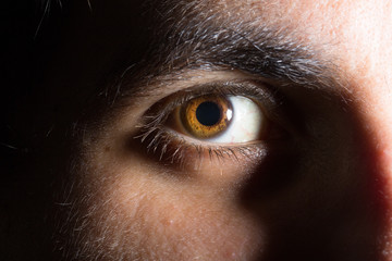 A close up view on the eye of a thirty something man with brown iris. Ominous and standing in the shadows. Copy space on the left.