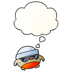 cartoon cool christmas robin and thought bubble in smooth gradient style