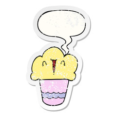 cartoon cupcake and face and speech bubble distressed sticker