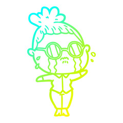 cold gradient line drawing cartoon crying woman wearing spectacles