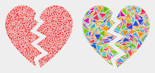 Broken heart collage icon of triangle elements which have various sizes and shapes and colors. Geometric abstract vector illustration of broken heart.