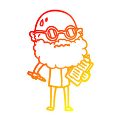 warm gradient line drawing cartoon worried man with beard and sunglasses taking survey