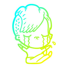 cold gradient line drawing cartoon crying girl