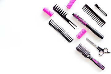 Hairdresser equipment for cutting hair and styling with combs, sciccors, brushes on white...
