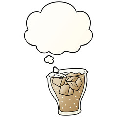 cartoon glass of cola and thought bubble in smooth gradient style