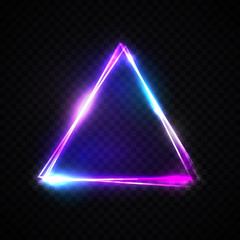 Neon abstract triangle on transparent background. Glowing frame. Vintage electric symbol. Burning pointer. Club, bar or cafe design element for your ad sign, poster, banner. Bright vector illustration - obrazy, fototapety, plakaty