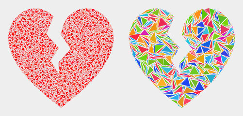 Fototapeta premium Broken heart collage icon of triangle items which have variable sizes and shapes and colors. Geometric abstract vector illustration of broken heart.