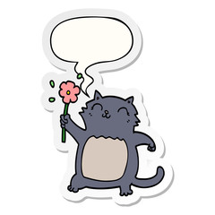 cartoon cat and flower and speech bubble sticker