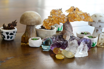 Bright colorful crystal garden. Witchy Healing crystal collection, mineral specimens. Stunning...