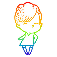 rainbow gradient line drawing cartoon squinting girl in dress