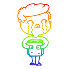 rainbow gradient line drawing cartoon man crying holding book