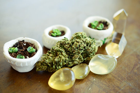 Bright, macro photo of medicinal marijuana. Legal weed, cannabis flowers and healing crystals. Alternative holistic healing, ganja and crystals. Reiki energy healing with THC and CBD. Natural Healing