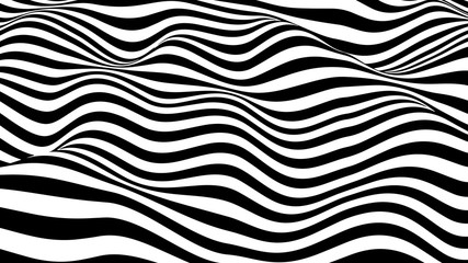 Optical illusion wave. Abstract 3d black and white illusions. Horizontal lines stripes pattern or background with wavy distortion effect. Vector illustration.