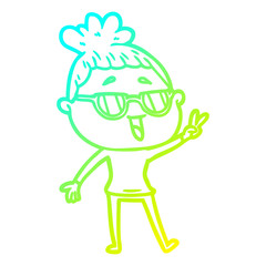 cold gradient line drawing cartoon happy woman wearing spectacles