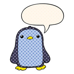 cute cartoon penguin and speech bubble in comic book style