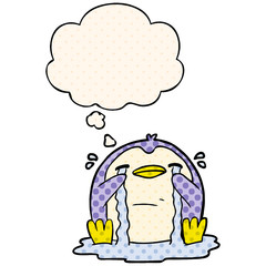 cartoon crying penguin and thought bubble in comic book style