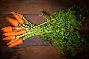 fresh carrots bunch on rustic wooden background