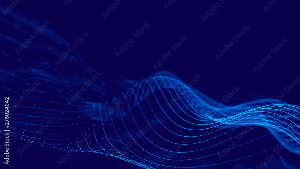 Poster Wave 3d. 3D blue glowing abstract background. Abstract background with a dynamic wave. Big data visualization. 3d rendering.