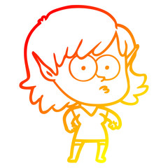 warm gradient line drawing cartoon elf girl staring