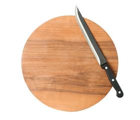 Slicer knife with wooden board isolated on white, top view