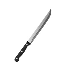 Sharp slicing knife with black handle isolated on white