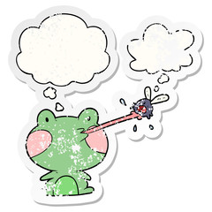cartoon frog catching fly and thought bubble as a distressed worn sticker