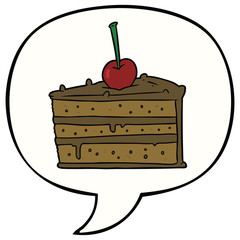 cartoon tasty chocolate cake and speech bubble