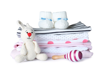 Set of different baby accessories and toys on white background