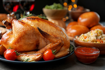 Traditional festive dinner with delicious roasted turkey served on table