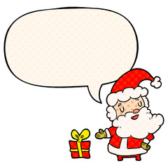 cartoon santa claus and present and speech bubble in comic book style