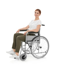 Fototapeta na wymiar Beautiful woman in wheelchair isolated on white