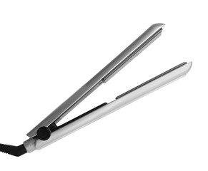 Modern hair iron for straightening on white background