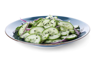 Plate with tasty cucumber salad on white background