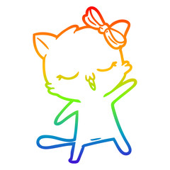 rainbow gradient line drawing cartoon cat with bow on head