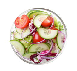 Delicious fresh cucumber tomato salad in bowl on white background, top view