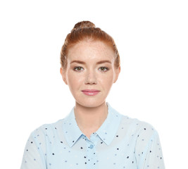 Portrait of young woman with beautiful face on white background