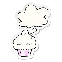 cartoon cupcake and thought bubble as a distressed worn sticker